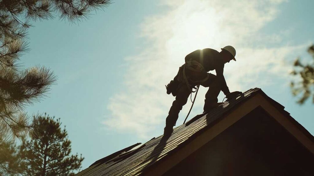 Roof workers inspect layered roofing materials beside a home with solar-integrated panels and winter snow.